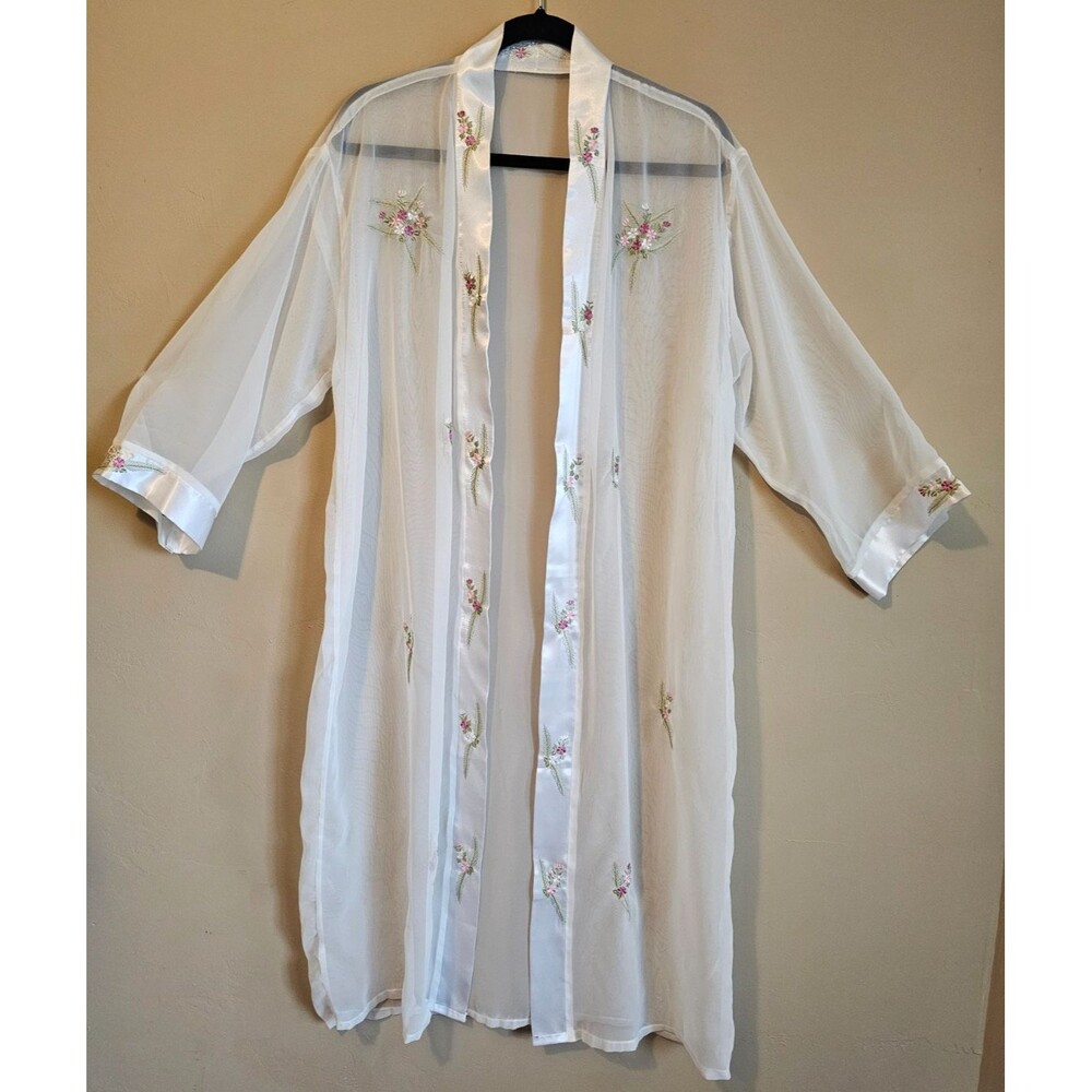 Sheer embroidered Robe one size Sheer Boho Floral Short White